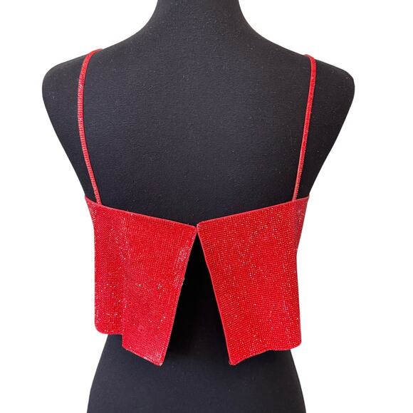 STUNNING ZARA Women's Red Rhinestone Shiny Crop Top Size M-L - Picture 6 of 9